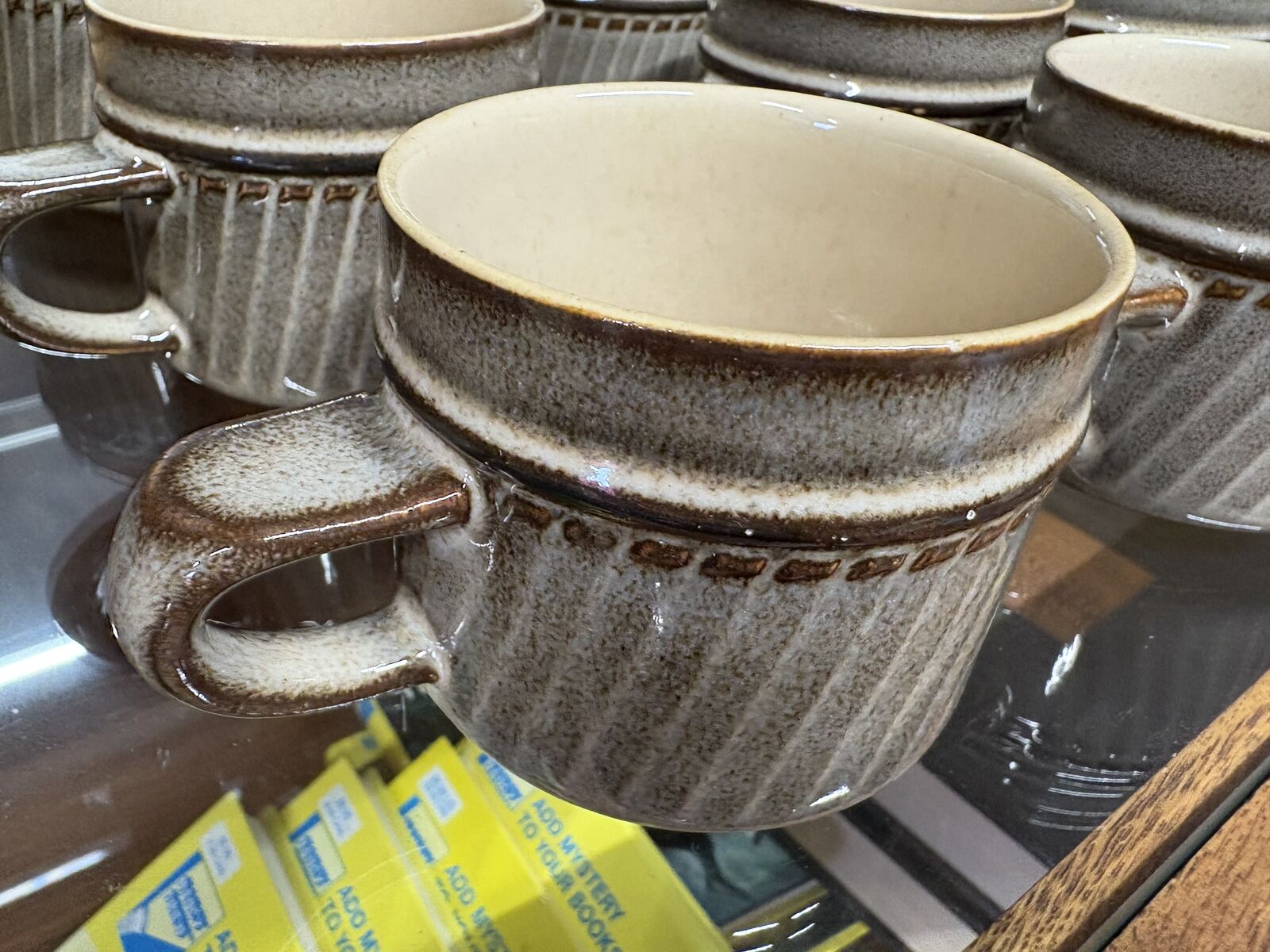 Vintage Denby-Langley Sonnet pattern mugs.made in England. 8 cups, 1 creamer, 1 bowl