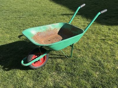 Green Steel Wheelbarrow with Red Wheel