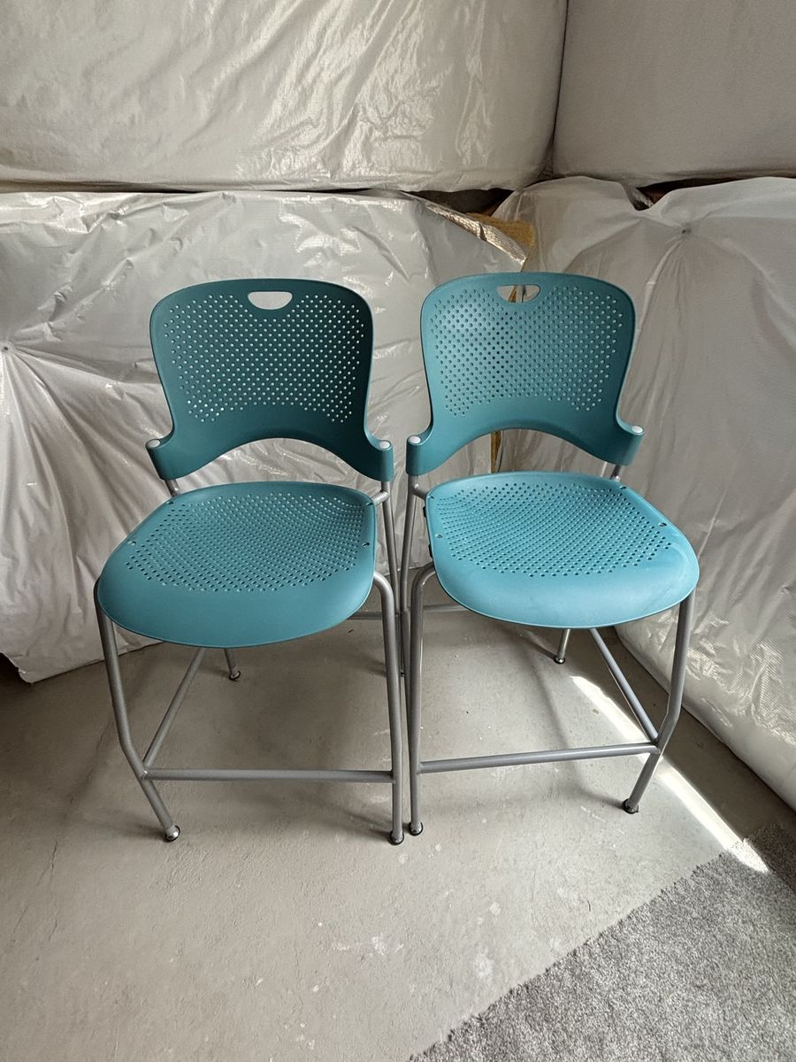 Pair of Teal Perforated Back and Seat Bar Stools