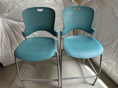 Pair of Teal Perforated Back and Seat Bar Stools