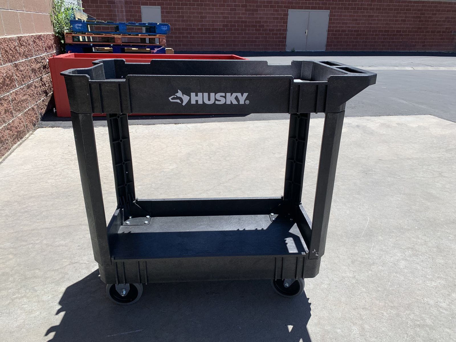 Husky 2-Tier Plastic 4-Wheeled Service Cart in Black with 500 lbs. Capacity