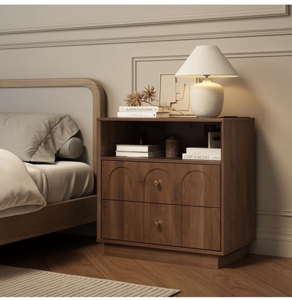 2 Modern Walnut Nightstands with 2 Drawers, Open Shelf, and Charging Port