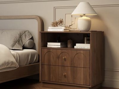 2 Modern Walnut Nightstands with 2 Drawers, Open Shelf, and Charging Port