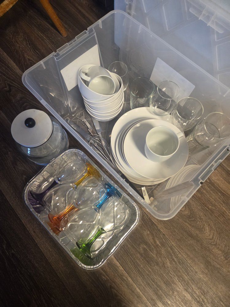 Kitchen Essentials Set: White Dinnerware, Clear Glasses, Colorful Wine Glasses & Utensils - Excellent Condition