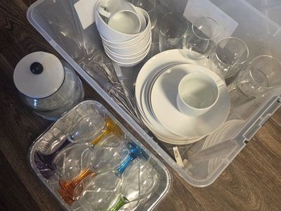 Kitchen Essentials Set: White Dinnerware, Clear Glasses, Colorful Wine Glasses & Utensils - Excellent Condition