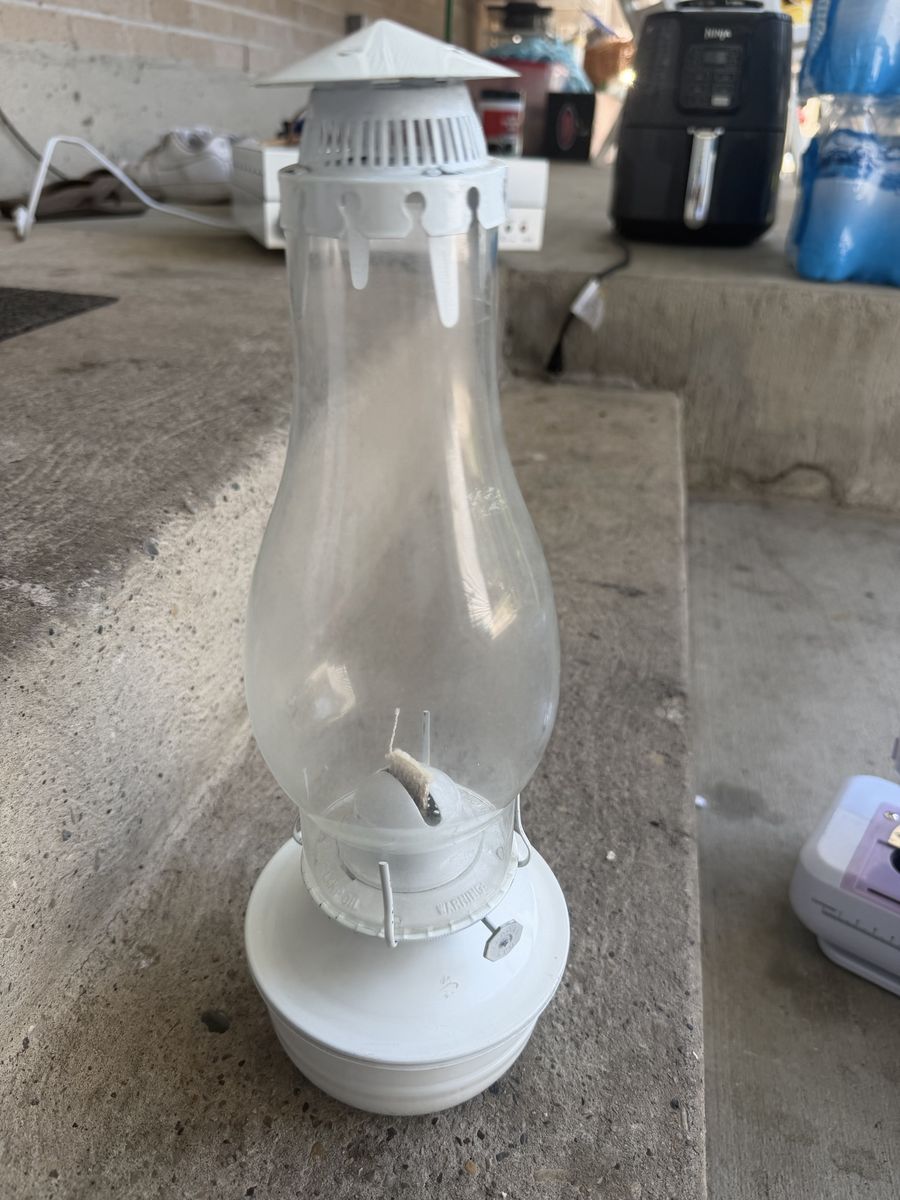 Vintage White Metal Aladdin Kerosene Oil Lamp with Glass Chimney