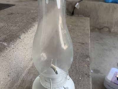 Vintage White Metal Aladdin Kerosene Oil Lamp with Glass Chimney