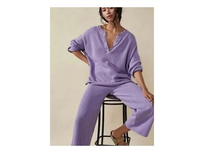 Free People Beach Hailee Sweater Two Piece Set Top Crop Wide Leg Pant Lilac XS