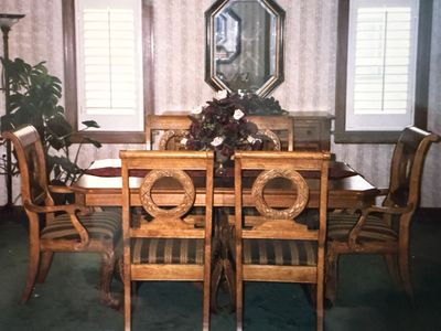 Solid Pecan & Ash Dining Room Table Set w/ Leaf Extensions + Sideboard