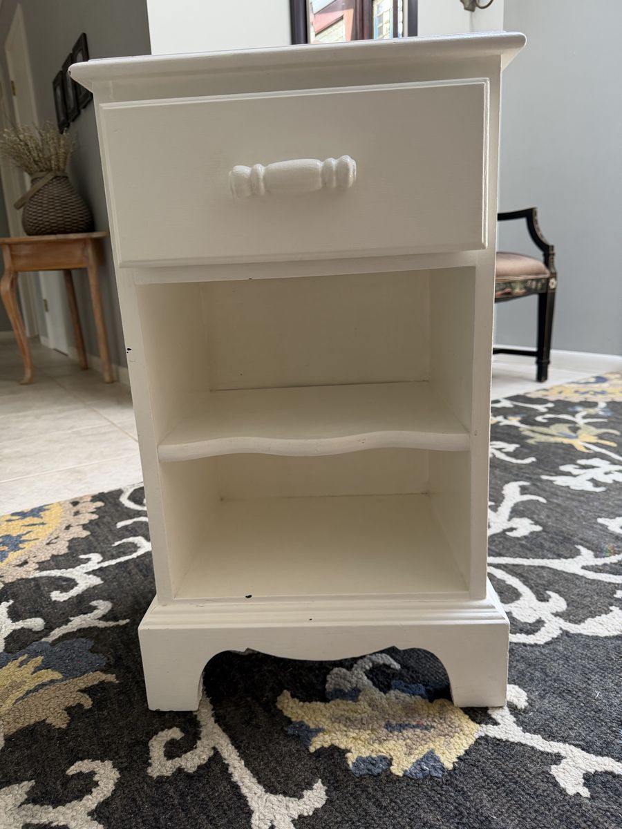White Wood Nightstand with Single Drawer & Open Shelves - 2 Tiers, Curved Base