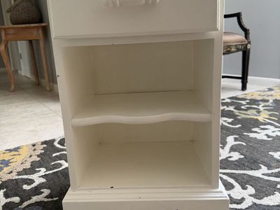 White Wood Nightstand with Single Drawer & Open Shelves - 2 Tiers, Curved Base