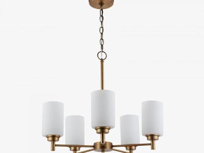 Modern 5 Light Chandelier Brass Finish Frosted Cylinder Glass