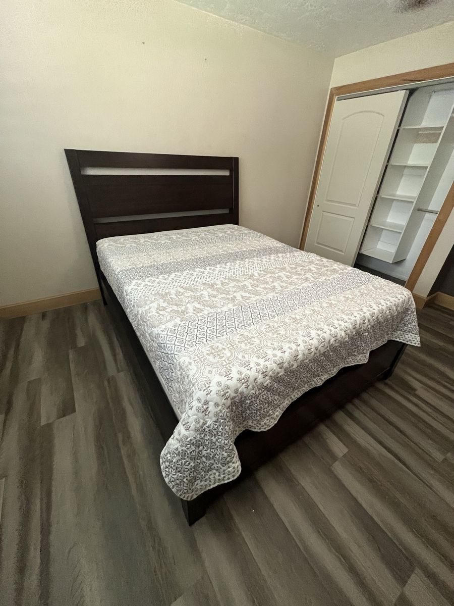 Dark Wood Bed Frame with Slatted Headboard and mattress 