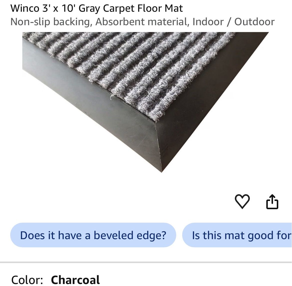 Winco 3' x 10' Gray Vinyl Backed Carpet Floor Mat - New