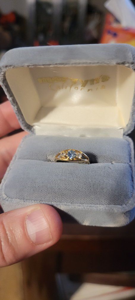 Gold & Silver Tone Ring with Blue and Clear Gemstones Size 3 and a half plus  adjustable