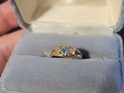 Gold & Silver Tone Ring with Blue and Clear Gemstones Size 3 and a half plus adjustable