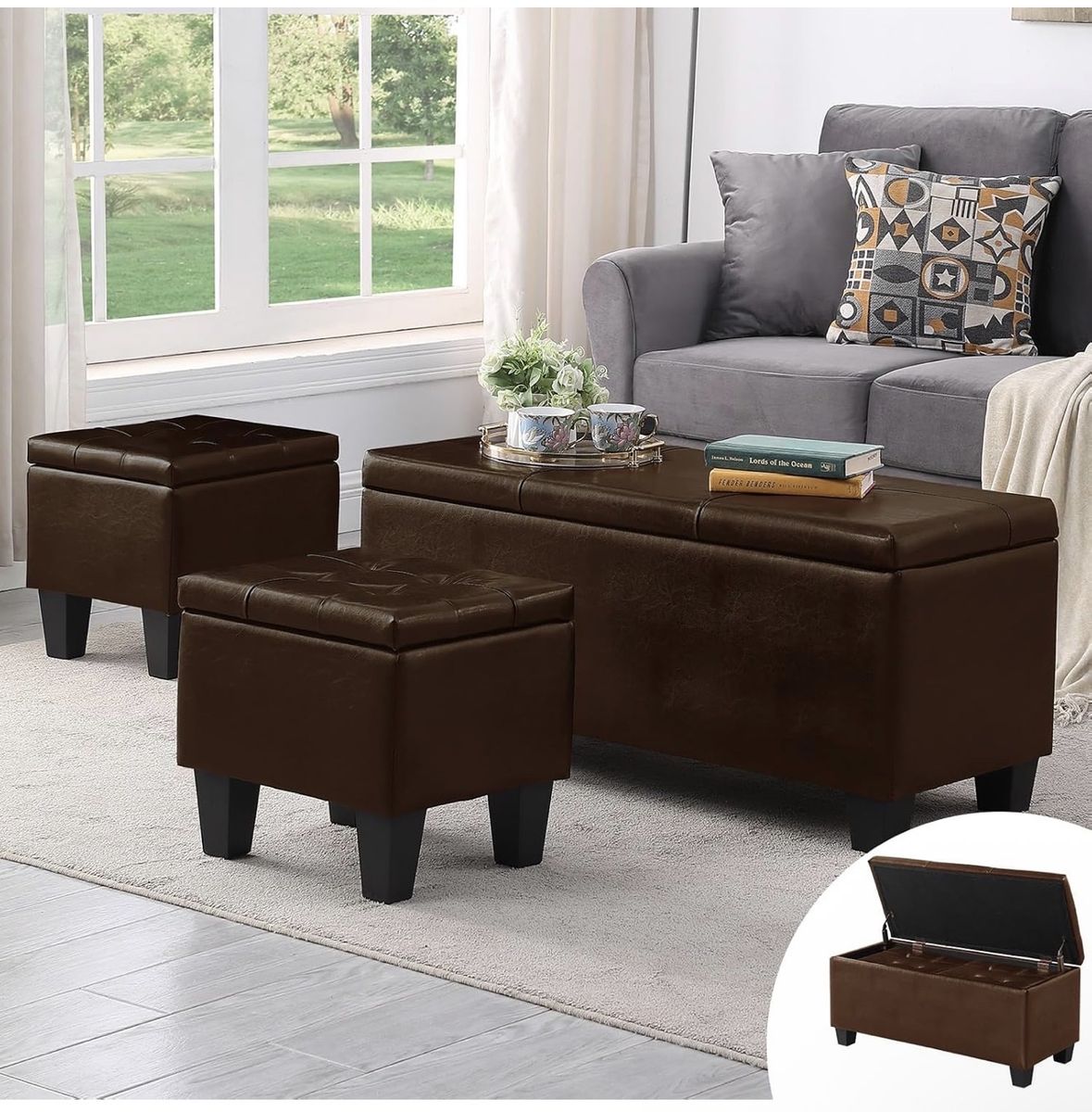 3-Piece Faux Leather Storage Ottoman Set, Brown - Large Bench & 2 Square Footstools, Tufted Tops never used