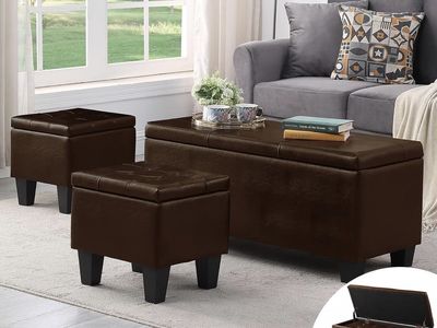 3-Piece Faux Leather Storage Ottoman Set, Brown - Large Bench & 2 Square Footstools, Tufted Tops never used