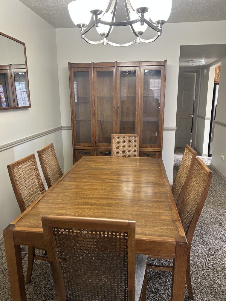 Solid wood Dining Table (with 2 extension leaves), 6 high back wooden chairs with fabric seats and wicker backs
