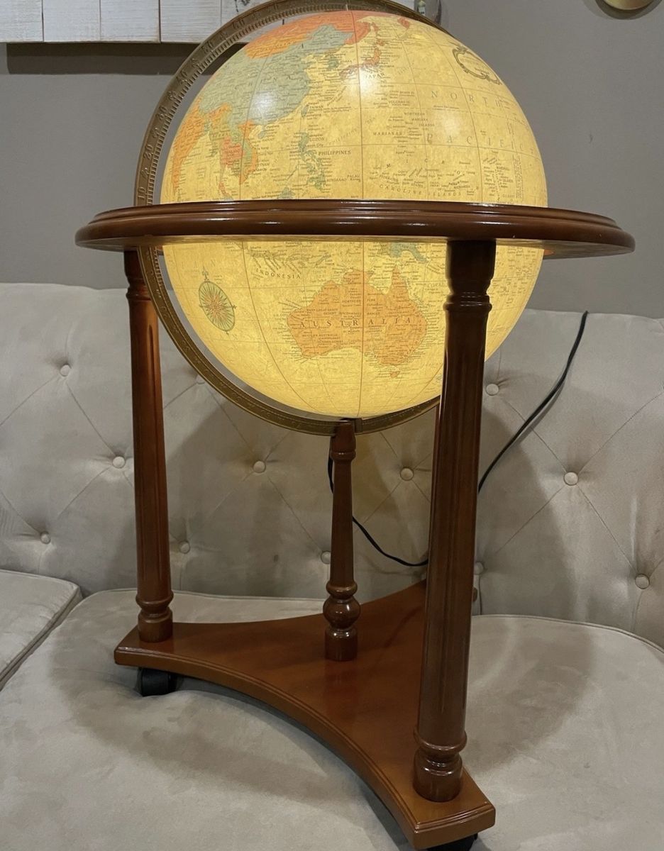 Vtg Replogle Heirloom 16" Lighted Floor Globe, Neoclassical Wood Stand w/ Wheels