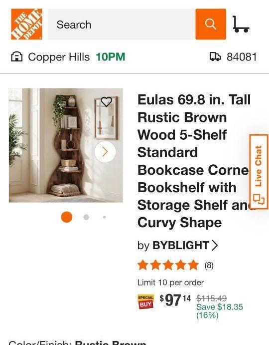 Modern Curved Rustic Brown Corner Bookshelf with Gold Trim