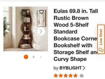 Modern Curved Rustic Brown Corner Bookshelf with Gold Trim