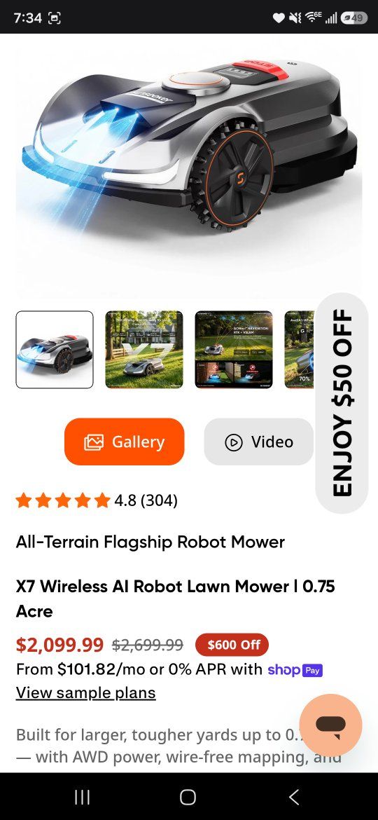 New SUNSEEKER ORION X7 Wireless AI Robot Lawn Mower, 0.75 Acre Capacity, All-Terrain, New In Box
