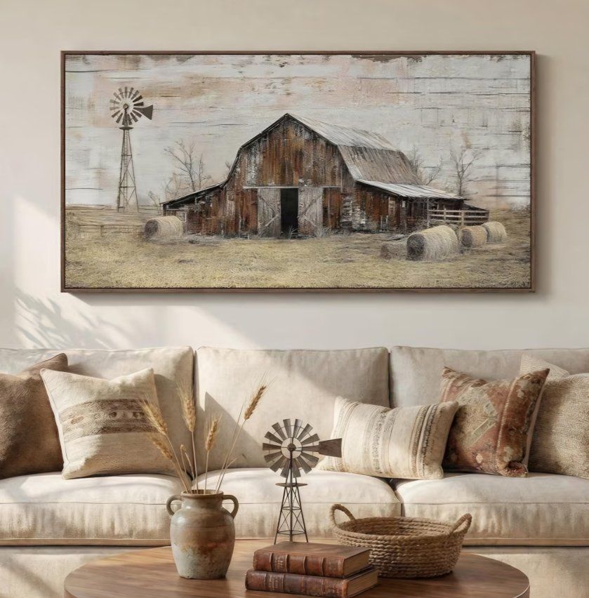 Large Framed Farmhouse Wall Art for Living Room, Vintage Rustic Barn Horizontal Canvas Prints, Rustic Country Wall Decor for Bed