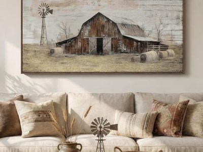 Large Framed Farmhouse Wall Art for Living Room, Vintage Rustic Barn Horizontal Canvas Prints, Rustic Country Wall Decor for Bed