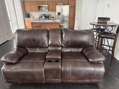 Brown Leather Reclining Loveseat with Console & Matching Recliner - Great Condition