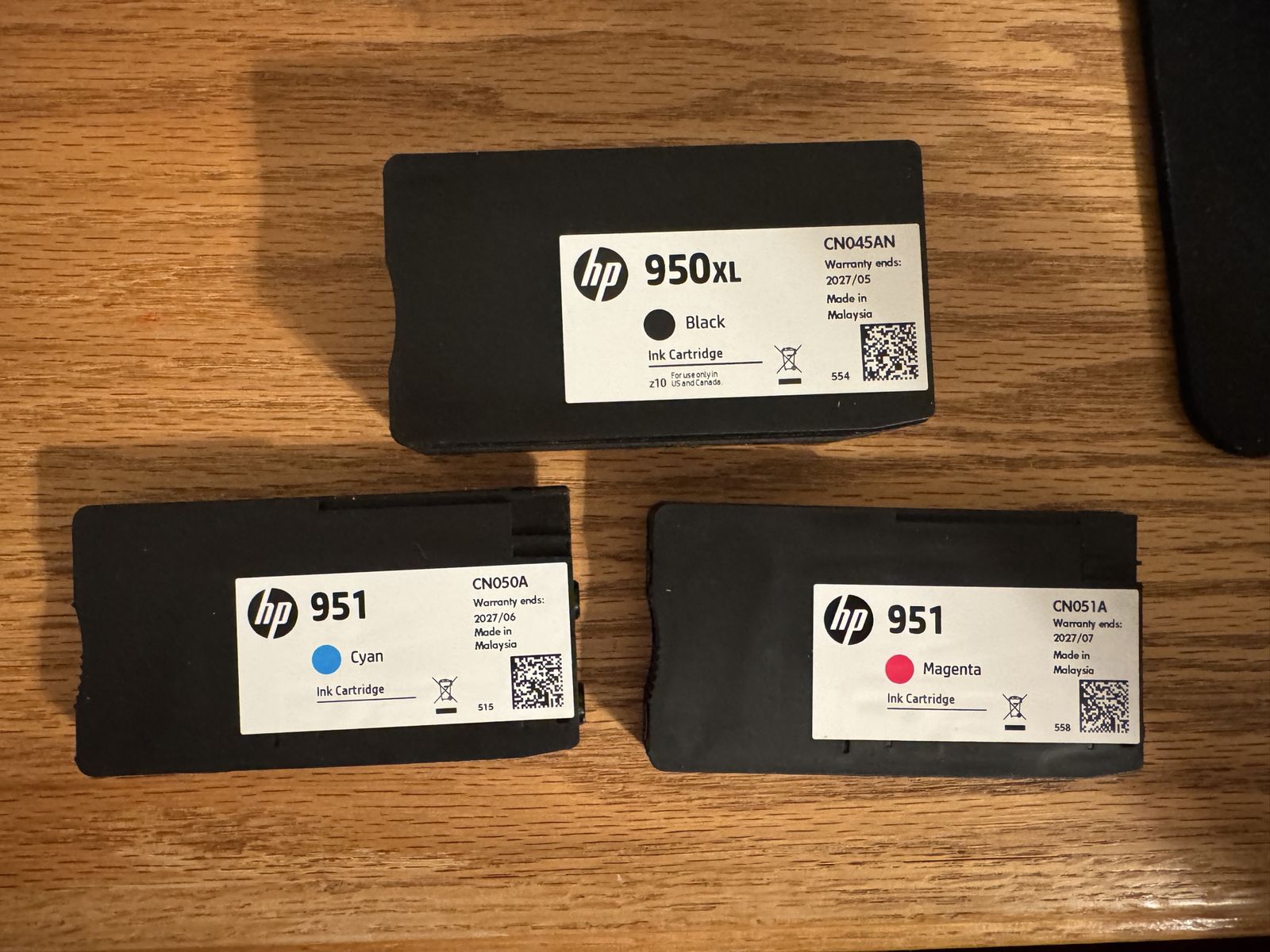HP 950XL Black & 951 Cyan/Magenta Ink Cartridges - New, Exp. 2027