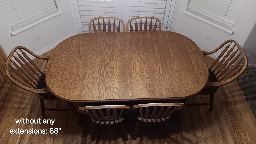 Vintage Solid Oak Dining Table Set w/ 6 Windsor Chairs & 3 Leaves