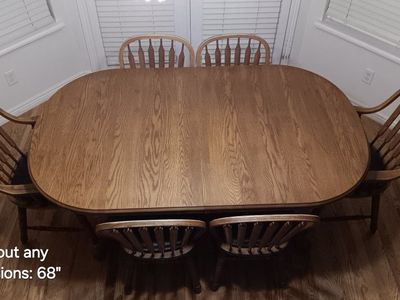 Vintage Solid Oak Dining Table Set w/ 6 Windsor Chairs & 3 Leaves