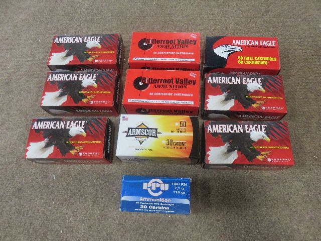 LOT OF 10 BOXES OF 50 ROUNDS EACH (500 ROUNDS TOTAL) OF FACTORY M1 CARBINE AMMO - ALL 110 GRAIN FMJ