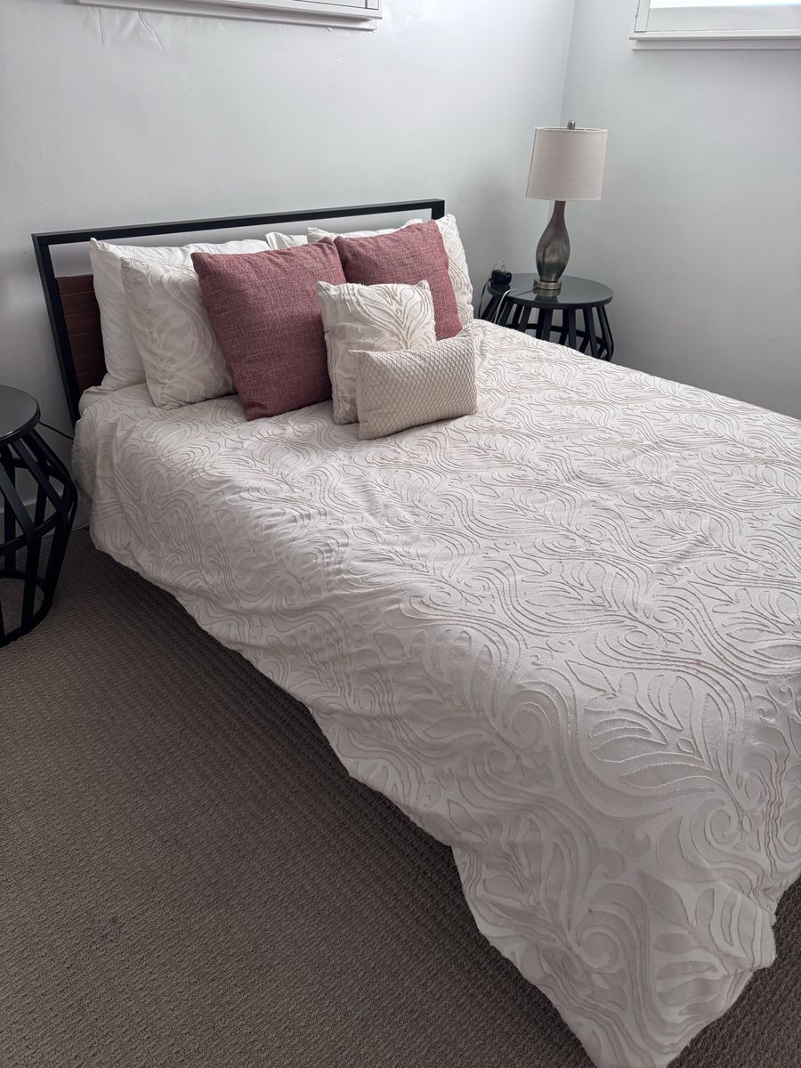 Queen Bed Frame - Modern Wood & Metal Headboard, Platform Style, No Box Spring Needed, nearly new mattress included