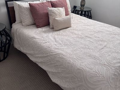 Queen Bed Frame - Modern Wood & Metal Headboard, Platform Style, No Box Spring Needed, nearly new mattress included