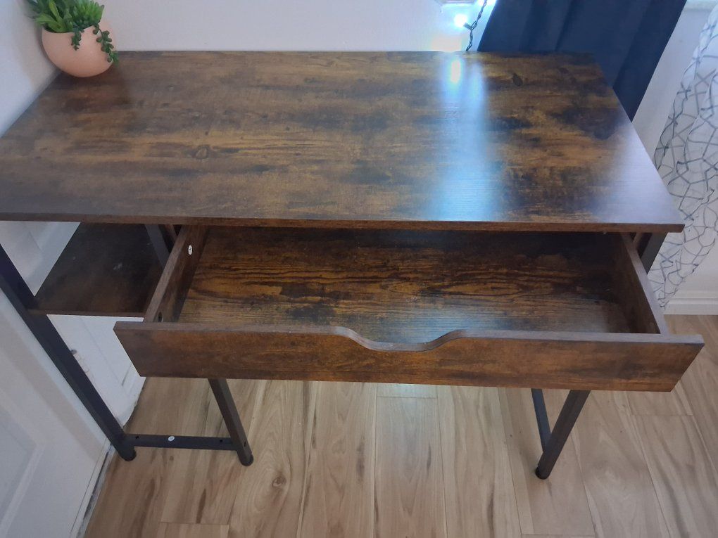 Industrial Style Computer Desk with Drawer - Brown Wood Finish