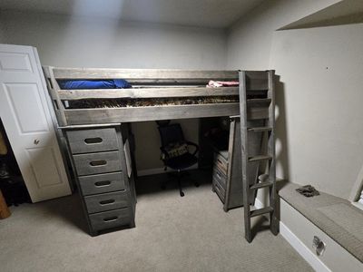 Wooden Loft Bed or Bunk bed with Integrated Desk and Storage Dressers - Space Saving Design.