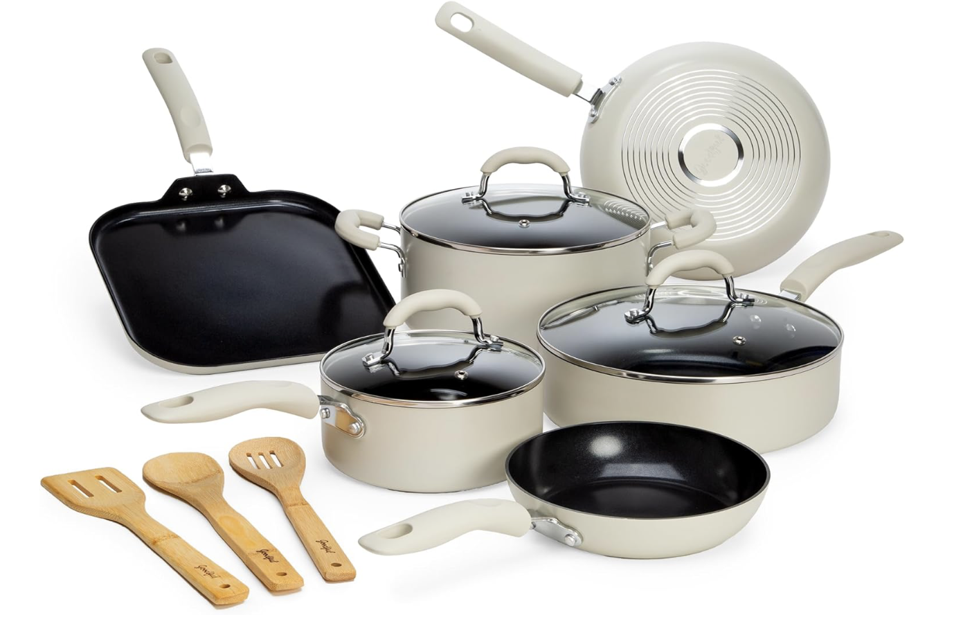 NEW Cream 12 Piece Goodful Ceramic Nonstick Pots and Pans Set