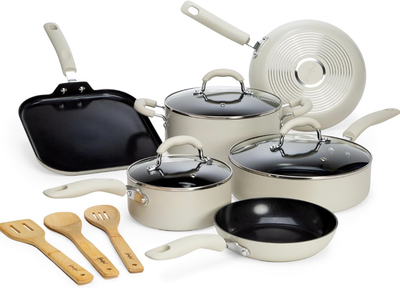 NEW Cream 12 Piece Goodful Ceramic Nonstick Pots and Pans Set