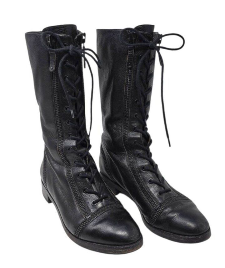 Via Spiga Gwendolyn Cap Toe Zipper Lace Up Tall Combat Boot Black 10