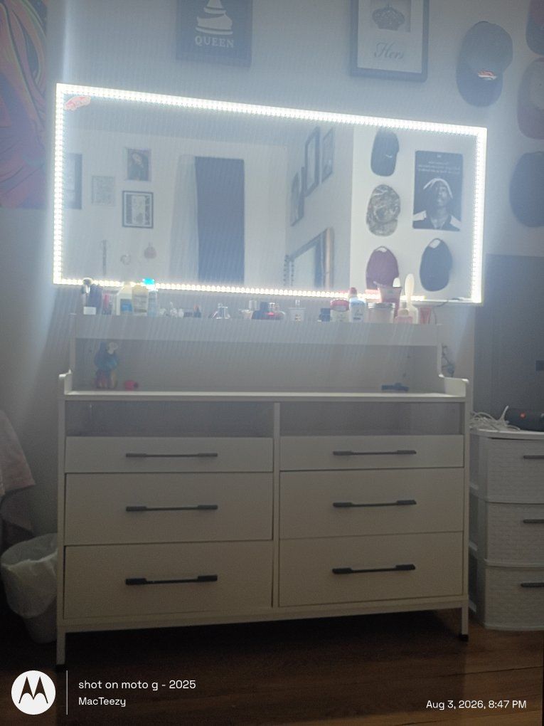 White 6-Drawer Dresser Vanity Unit with Shelving and Dark Hardware