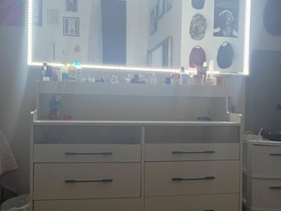 White 6-Drawer Dresser Vanity Unit with Shelving and Dark Hardware