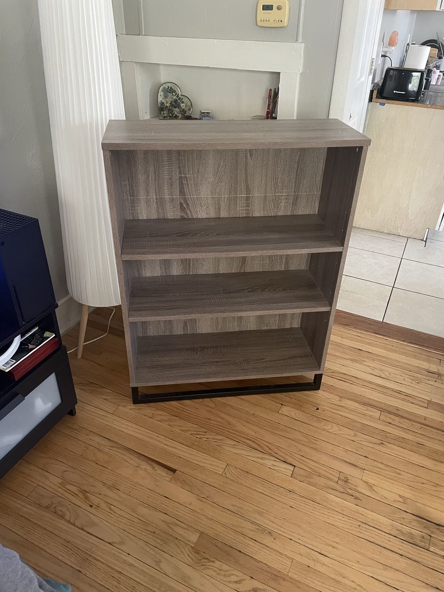 Modern Gray Woodgrain 3-Shelf Bookcase with Black Metal Base