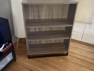 Modern Gray Woodgrain 3-Shelf Bookcase with Black Metal Base