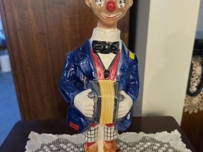 Ezra Brooks Clown Accordion Player Whiskey Decanter Vintage Ceramic 1970s Collectors Item