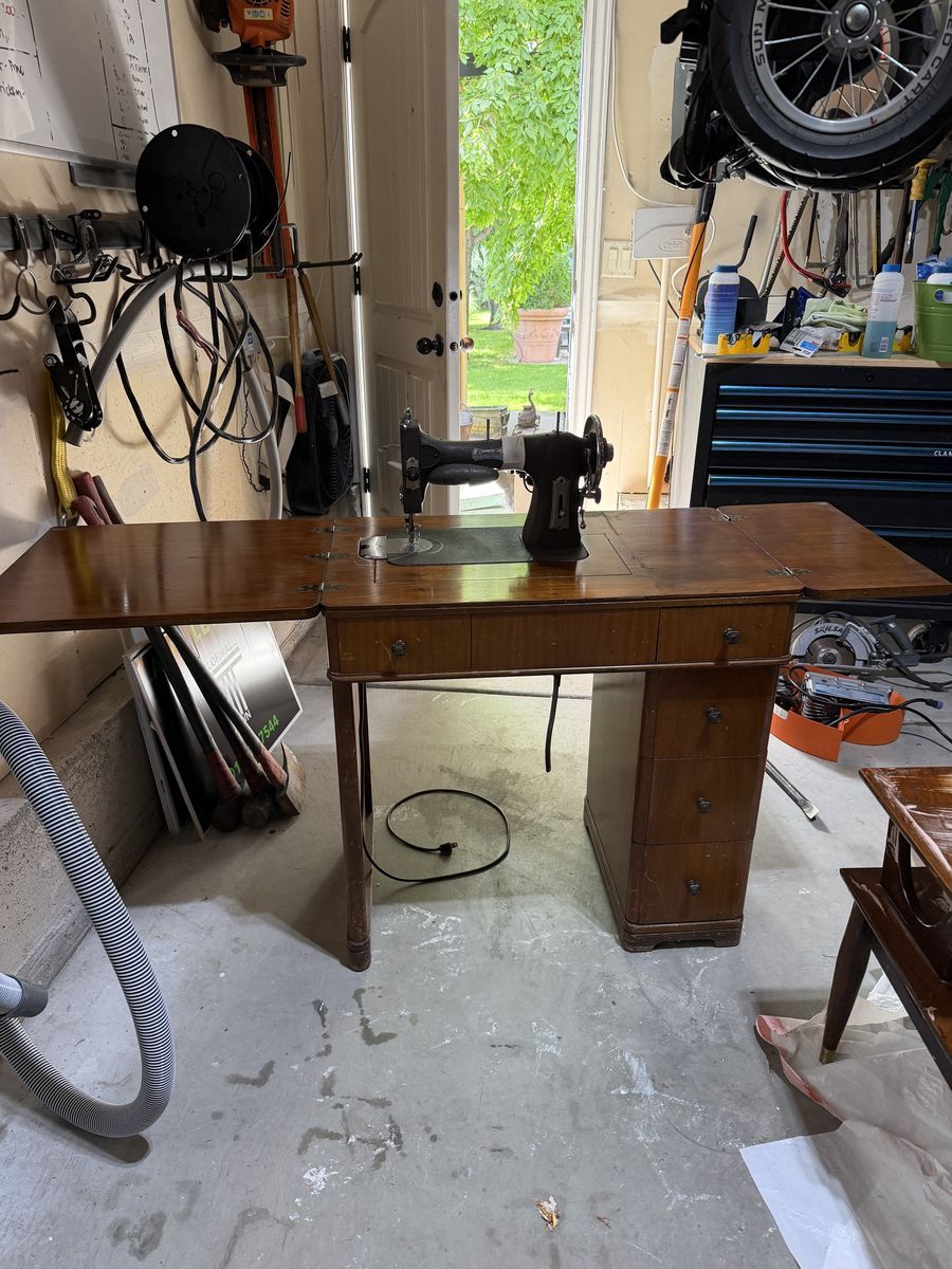 Vintage Domestic Rotary Sewing Machine in Wooden Cabinet with Drawers - Electric