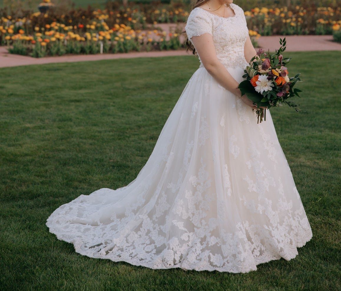 Elegant Hand-Beaded Wedding Dress w/ Lace-Up Back + Floral Lace Train