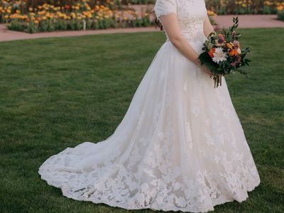 Elegant Hand-Beaded Wedding Dress w/ Lace-Up Back + Floral Lace Train