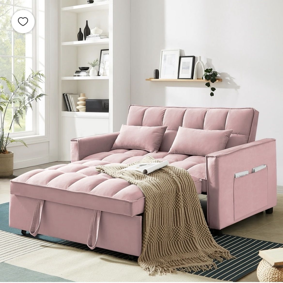 Convertible Pink Velvet Sleeper Sofa with Pull-Out Bed and Storage Pockets - 500lb Capacity